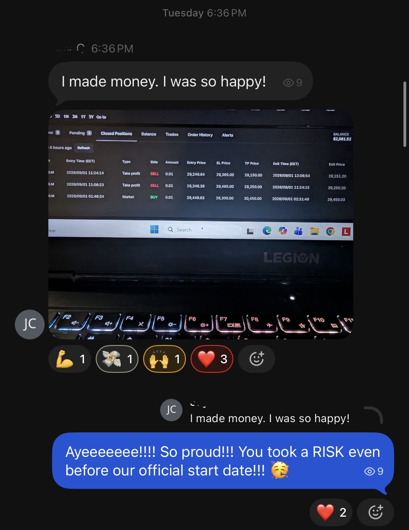 Trader screenshot: I made money. I was so happy!